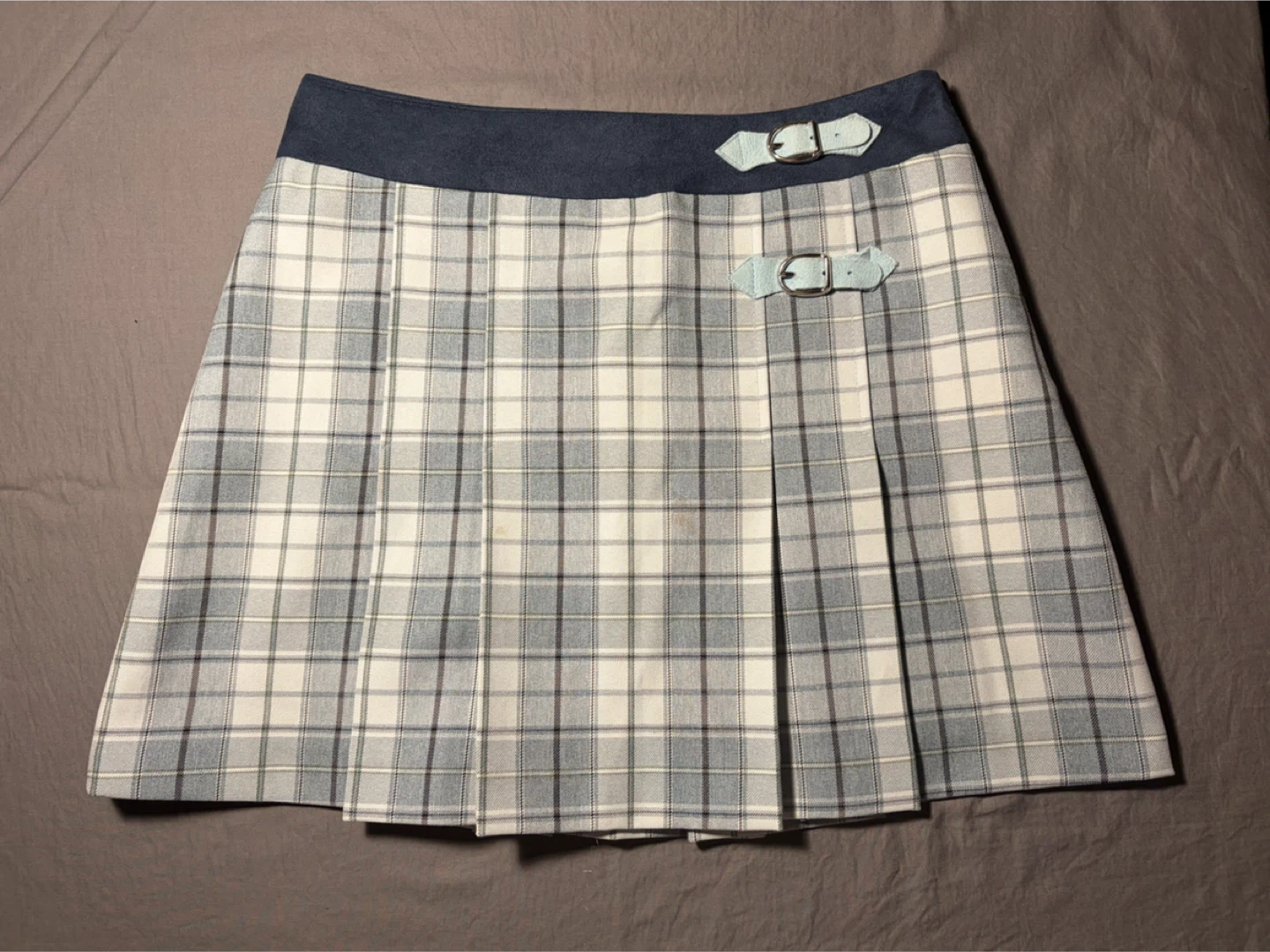 SPA Jeans Plaid Pleated Mini Skirt with Buckle Detail