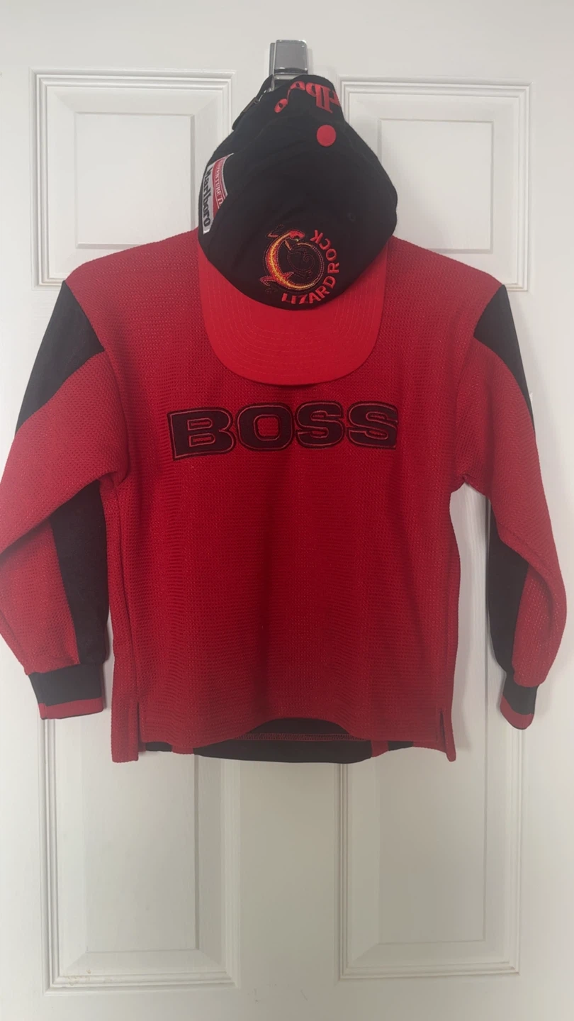 Kids BOSS shirt and Red lizard rock cap