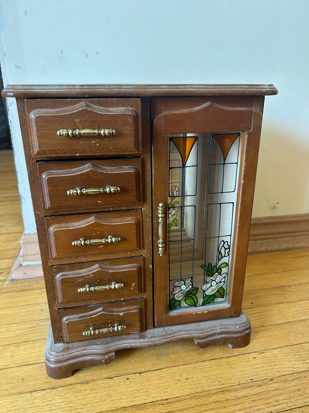 Wooden Jewellery Box with Stained Glass Accent