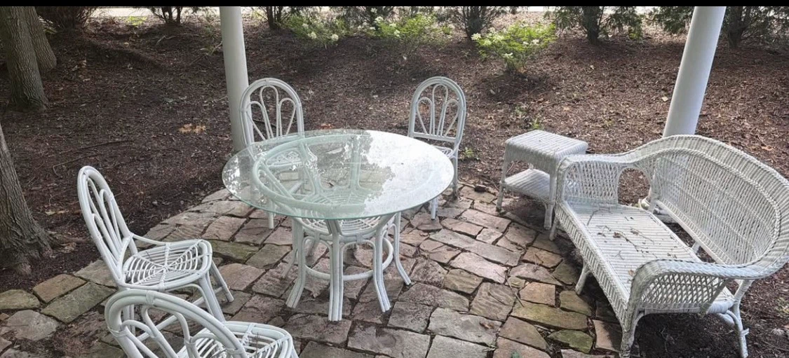 White Wicker Patio Set with Glass Table