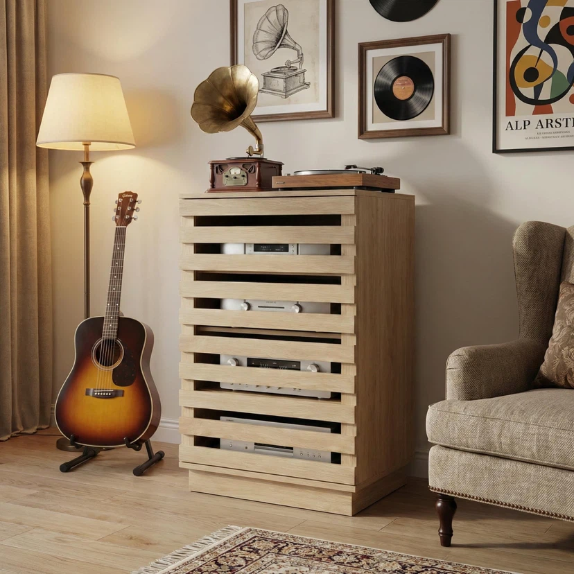 holzart Slatted Wood Audio Component Cabinet, 4-Tier