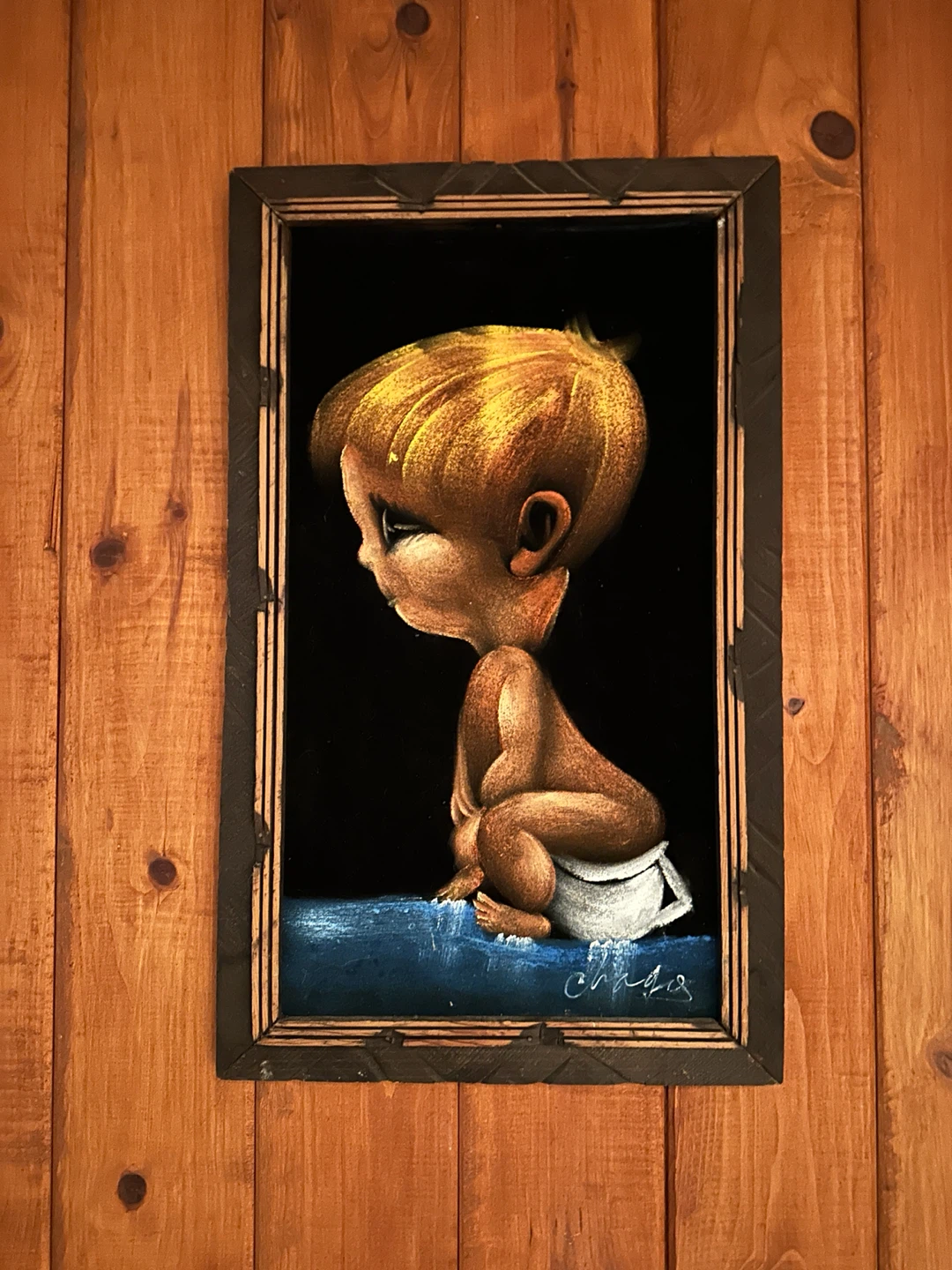 Vintage Velvet Painting of Baby on Potty