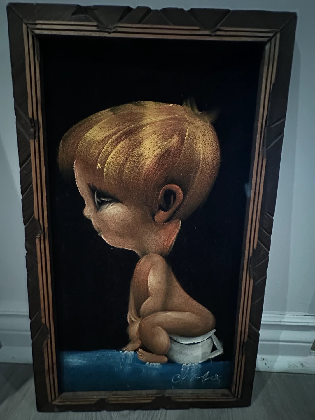 Vintage Velvet Painting of Baby on Potty - photo 2
