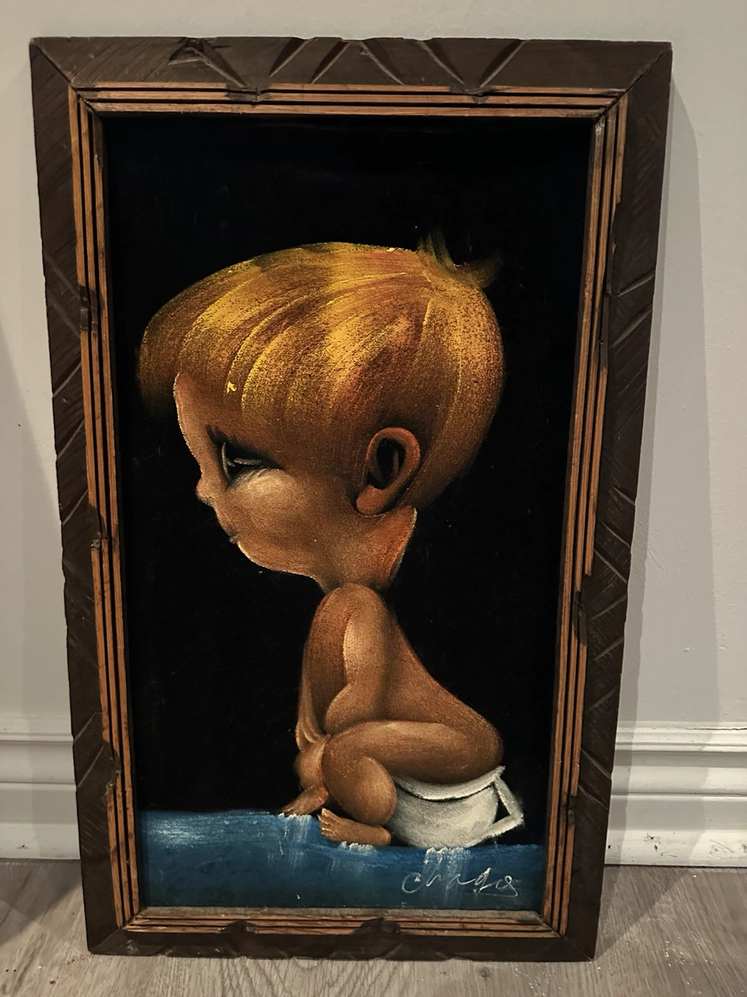 Vintage Velvet Painting of Baby on Potty - photo 4