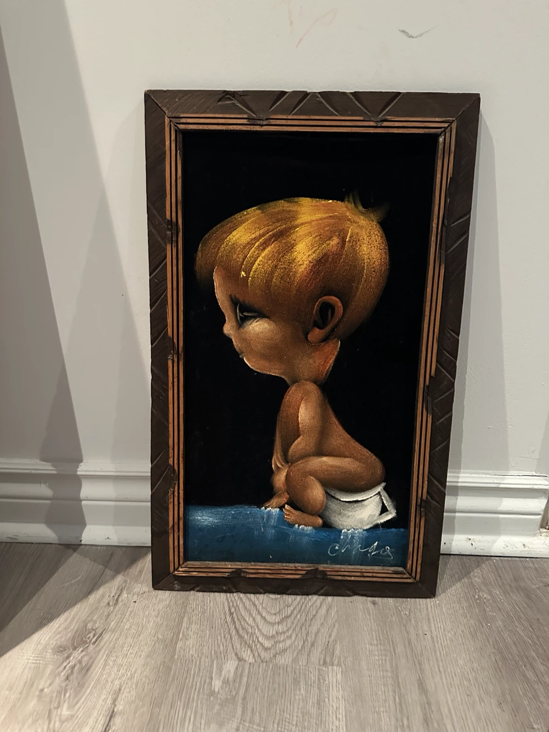 Vintage Velvet Painting of Baby on Potty - photo 5