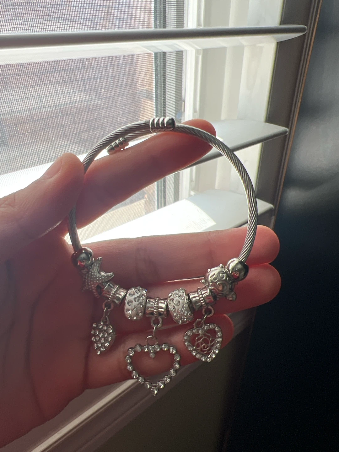 Silver Charm Bracelet with Hearts and Starfish