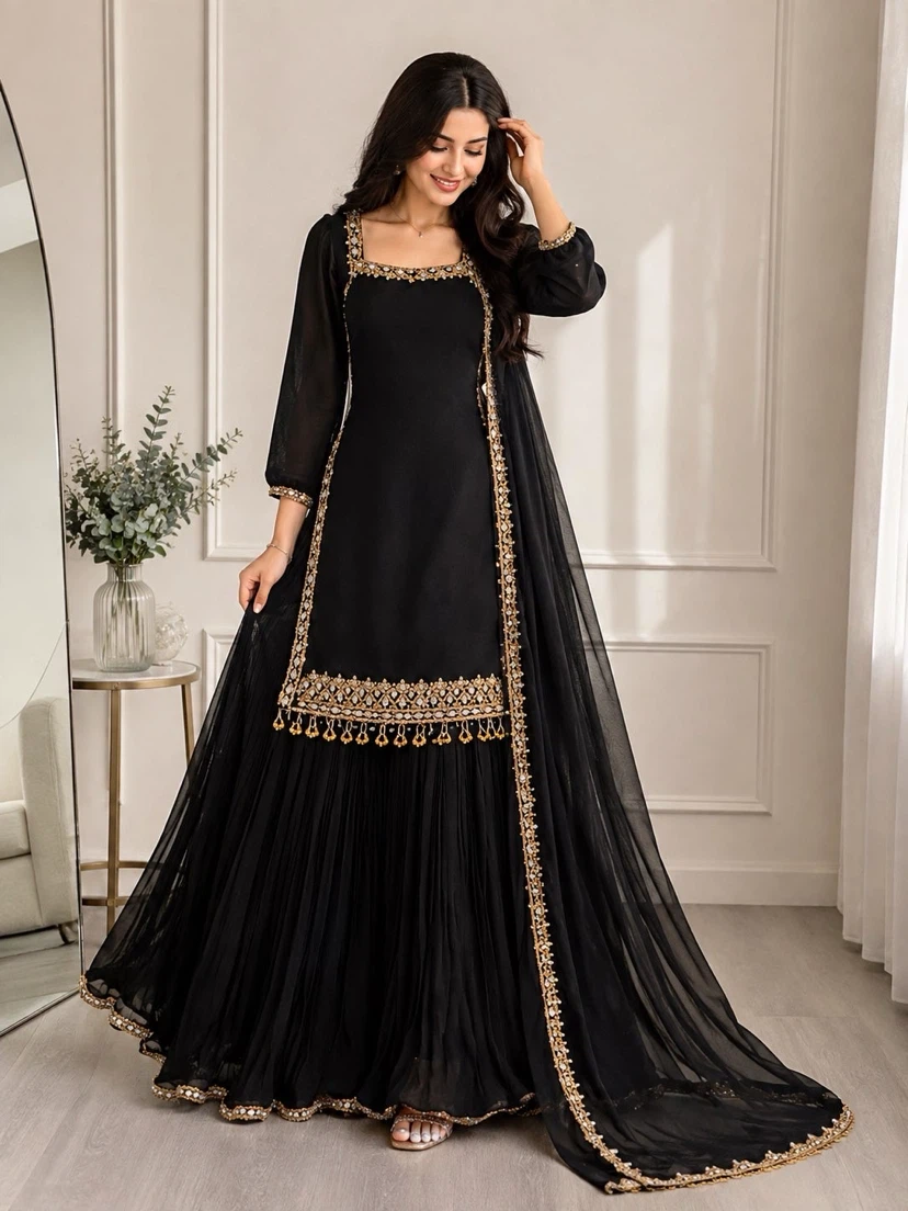 Black Sharara Outfit with Gold Embellishments
