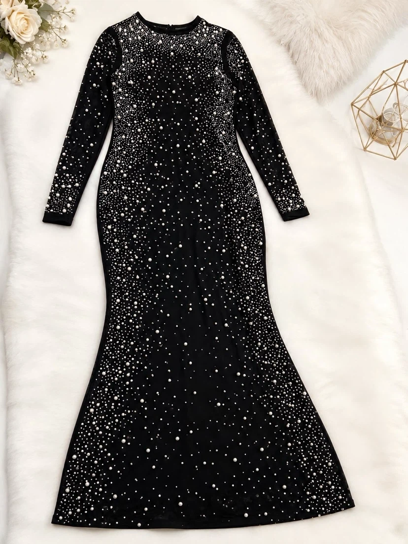 Sparkly Black Long Sleeve Maxi Dress