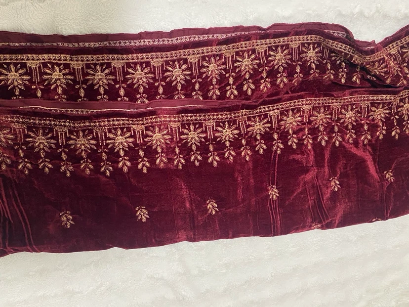 Maroon Velvet Fabric with Gold Embroidery