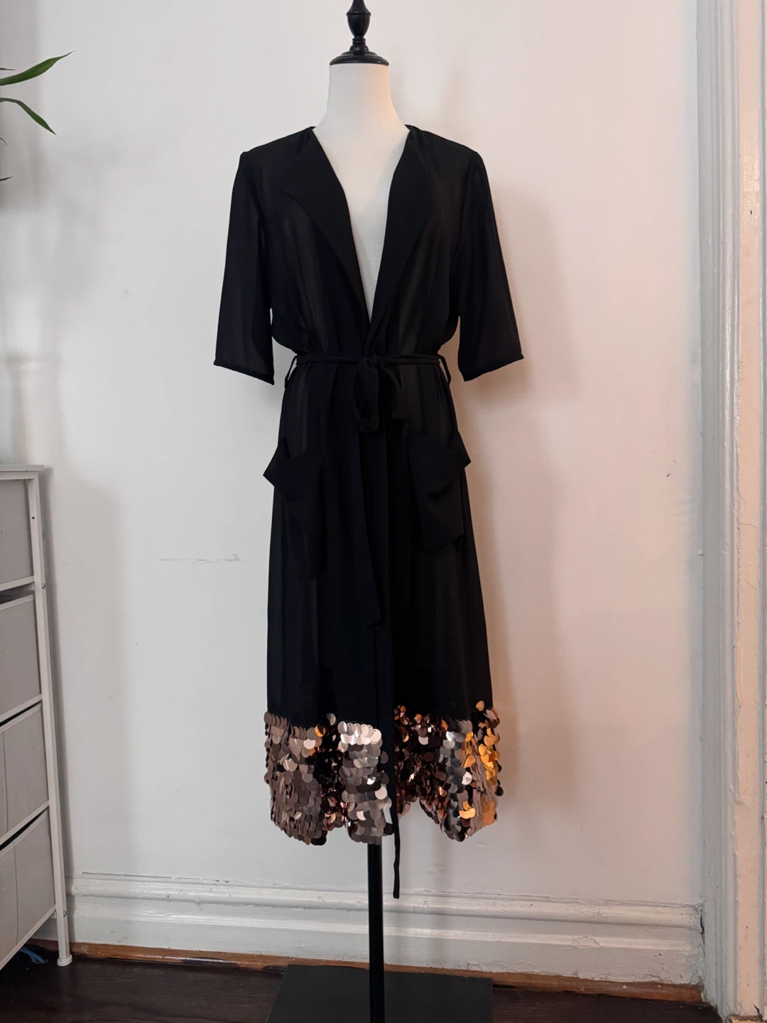 Black Sheer Kimono with Sequin Hem