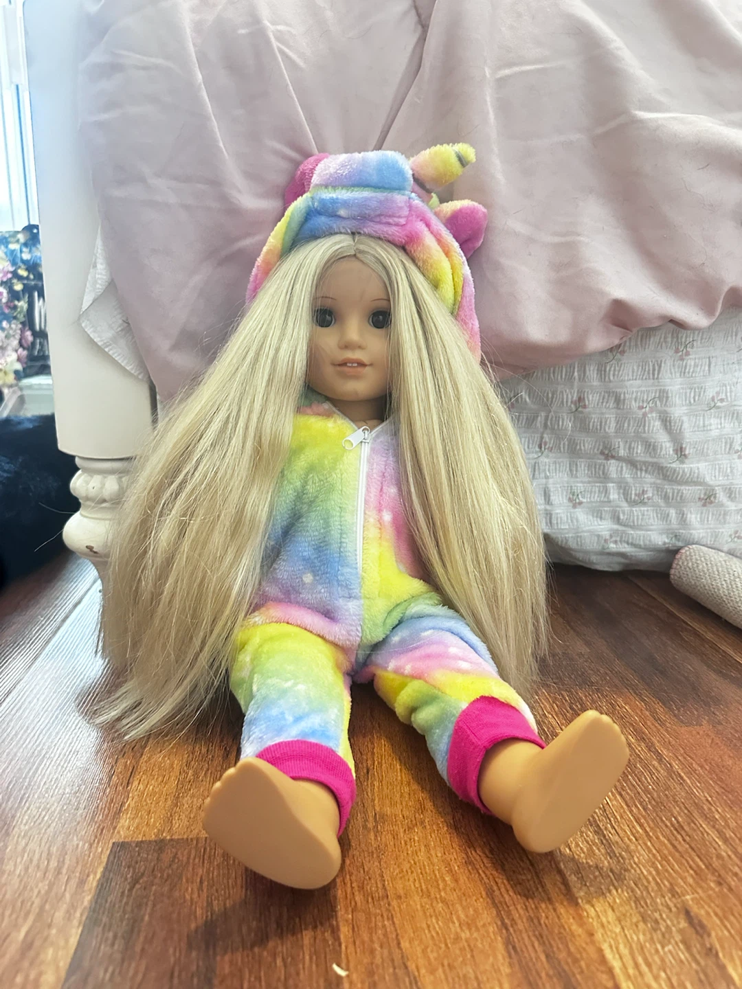 American girl Doll with Rainbow Unicorn Pajamas