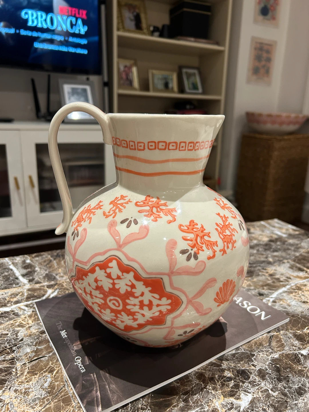 Decorative Pitcher with Orange and Pink Pattern