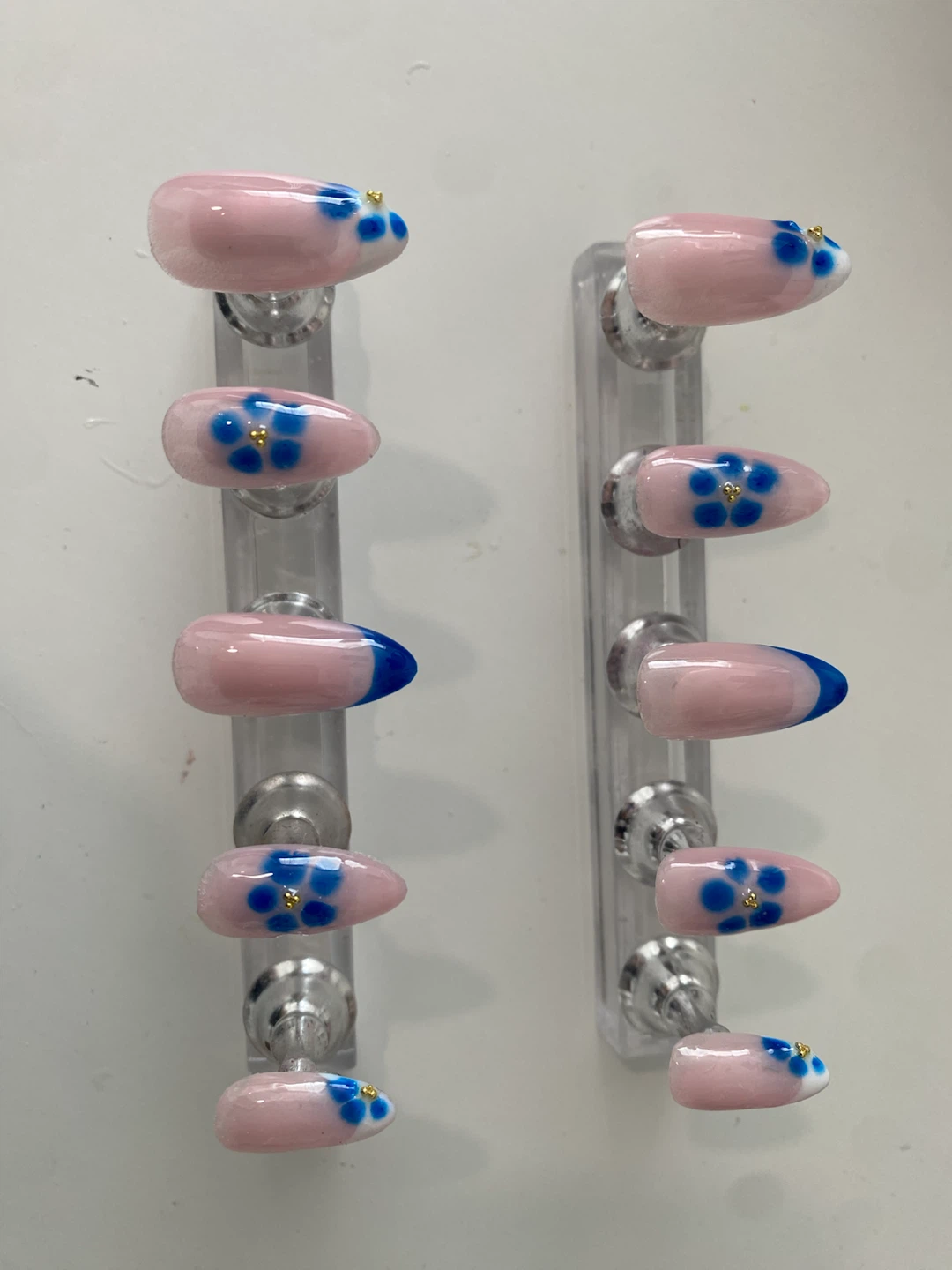 Press-On Nails with Blue Flowers and Gold Accents