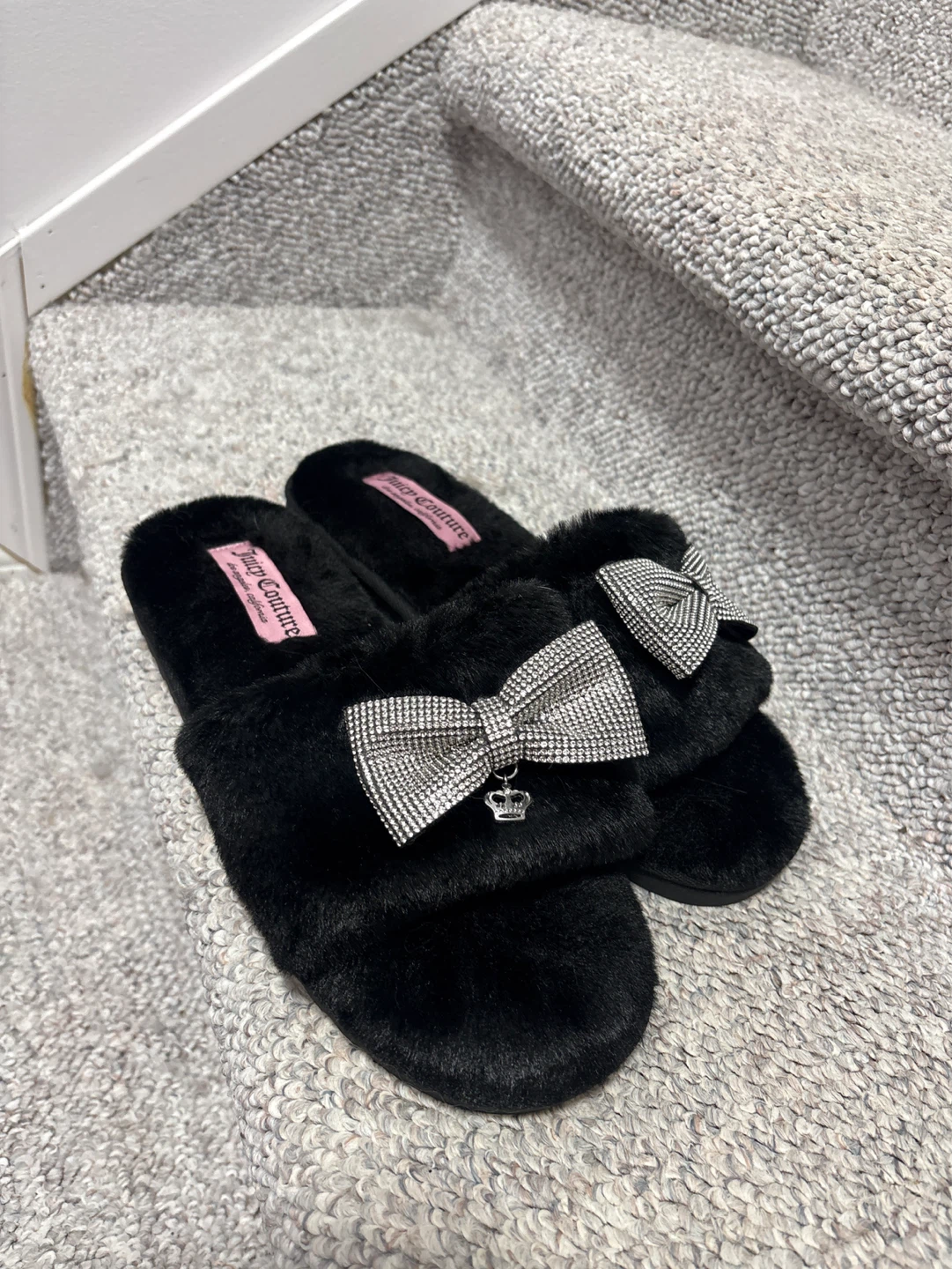 Juicy Couture Black Faux Fur Slippers with Bows