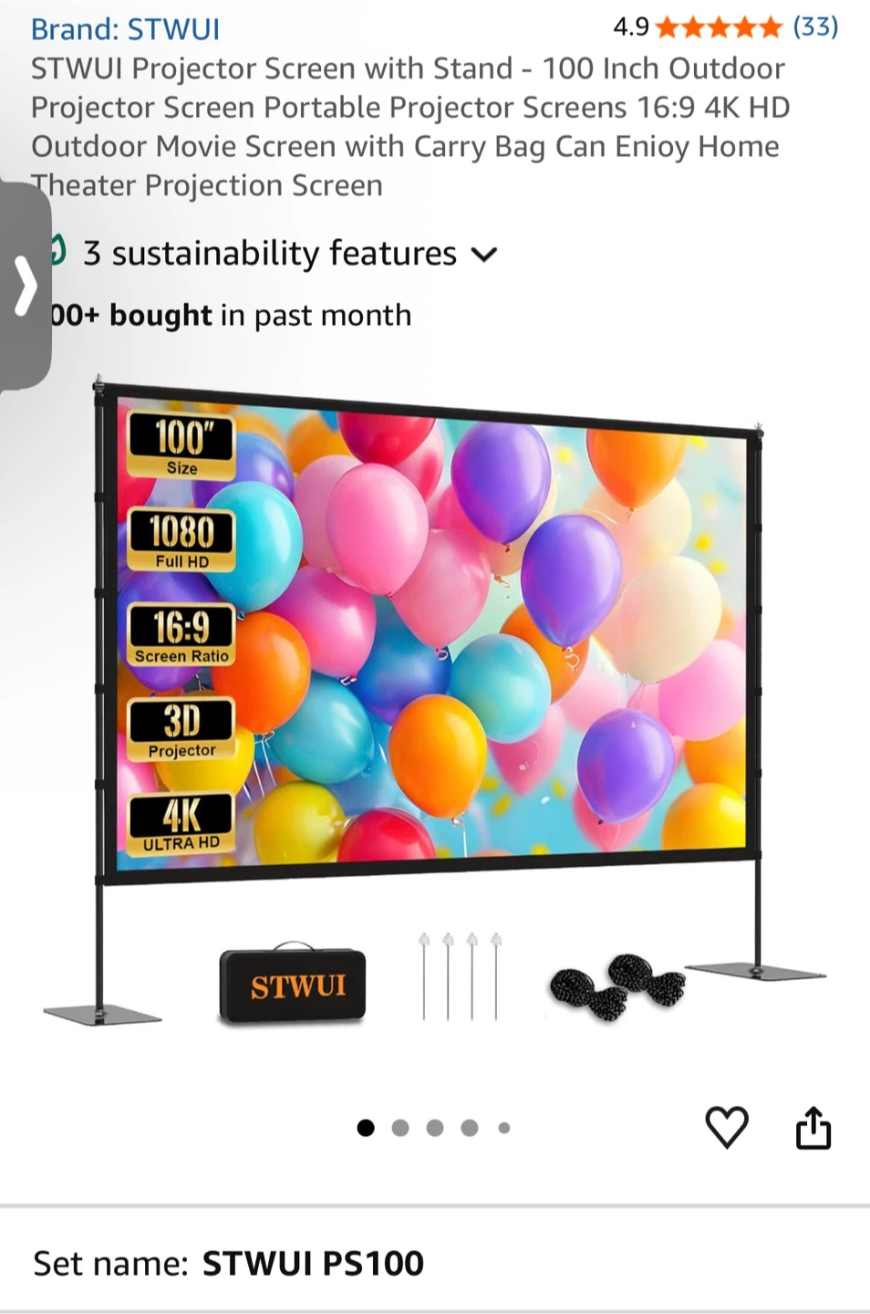 STWUI 100 Inch Projector Screen with Stand