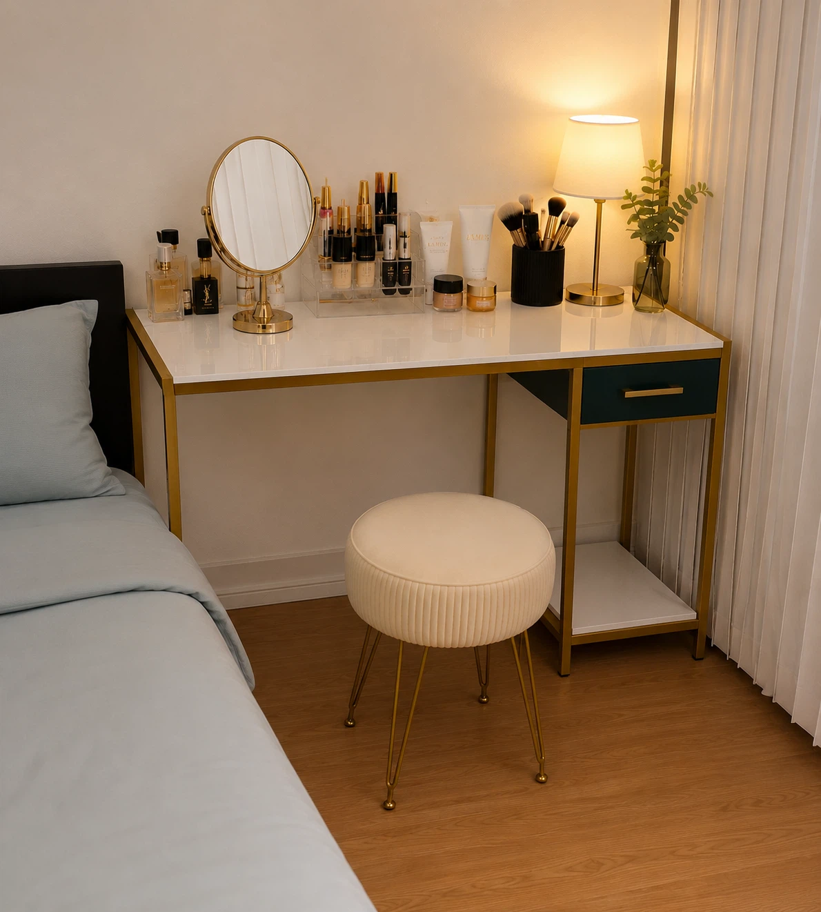 Vanity Desk with Stool and Mirror