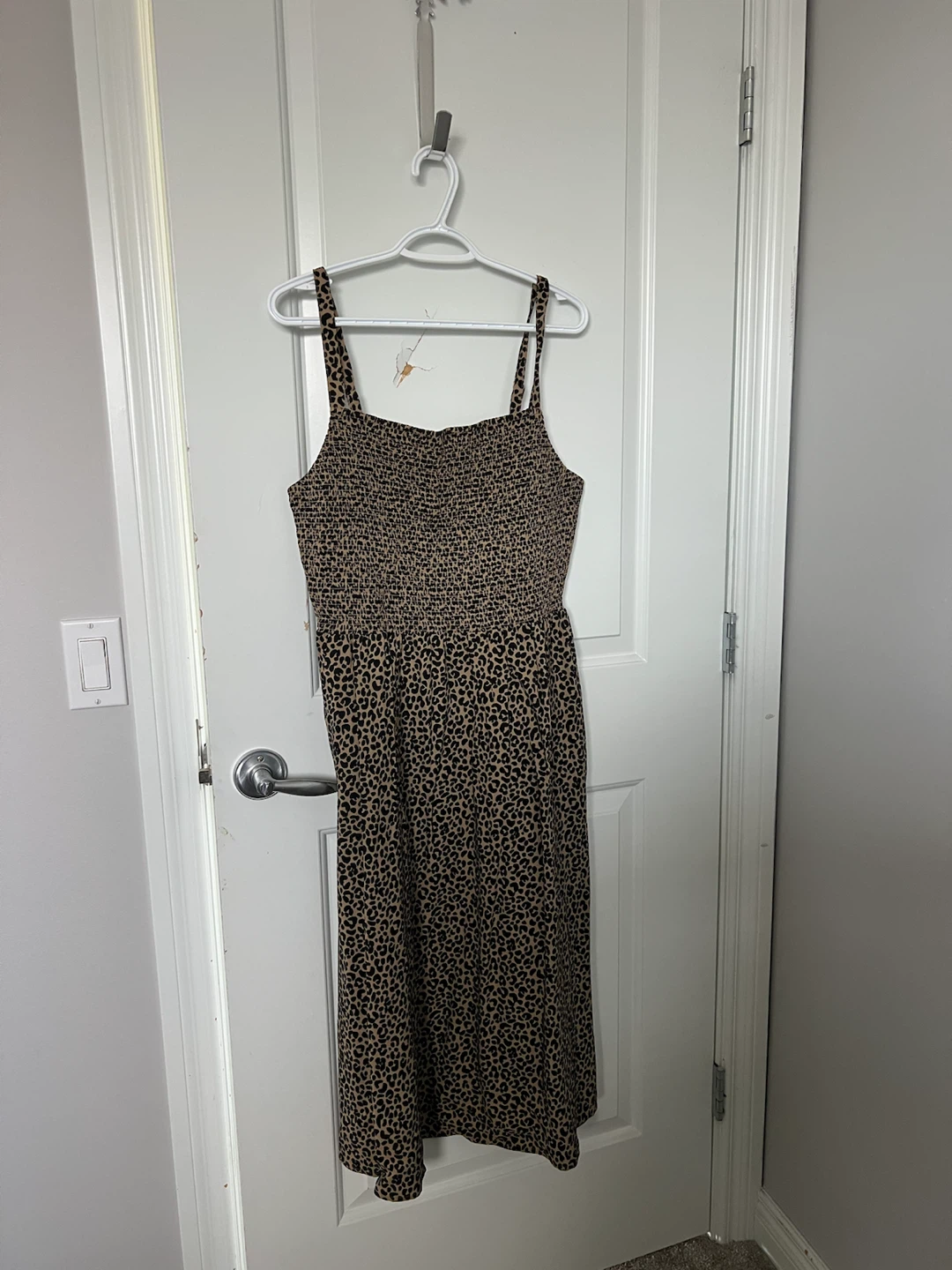 Smocked Leopard Print Midi Dress