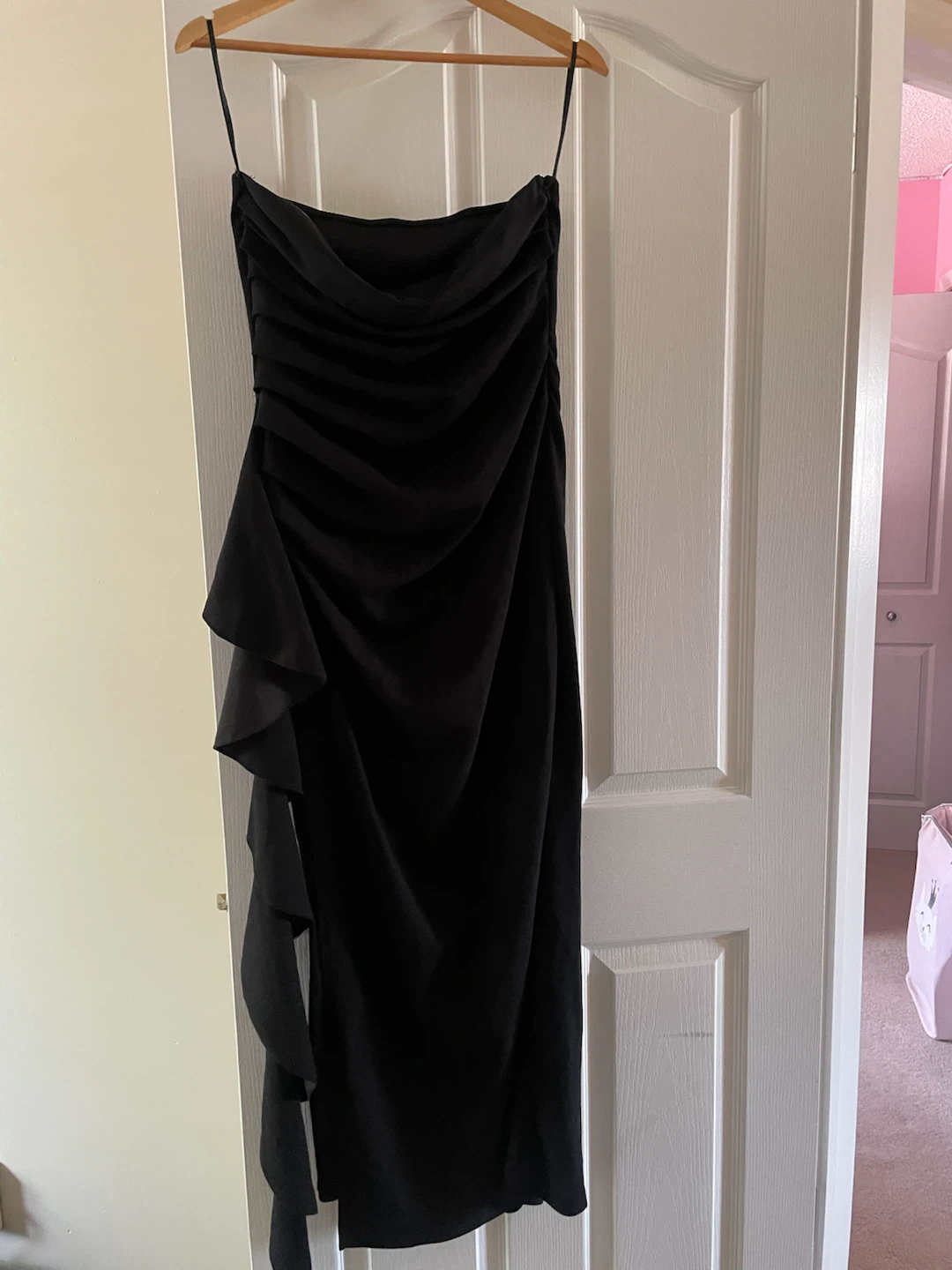 Black Ruched Strapless Midi Dress