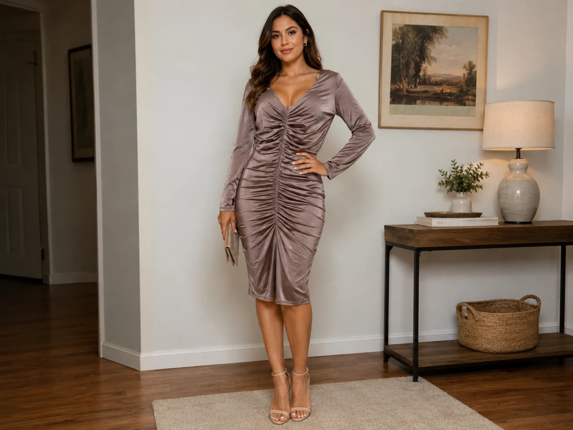 Eliza J shimmer taupe ruched dresss