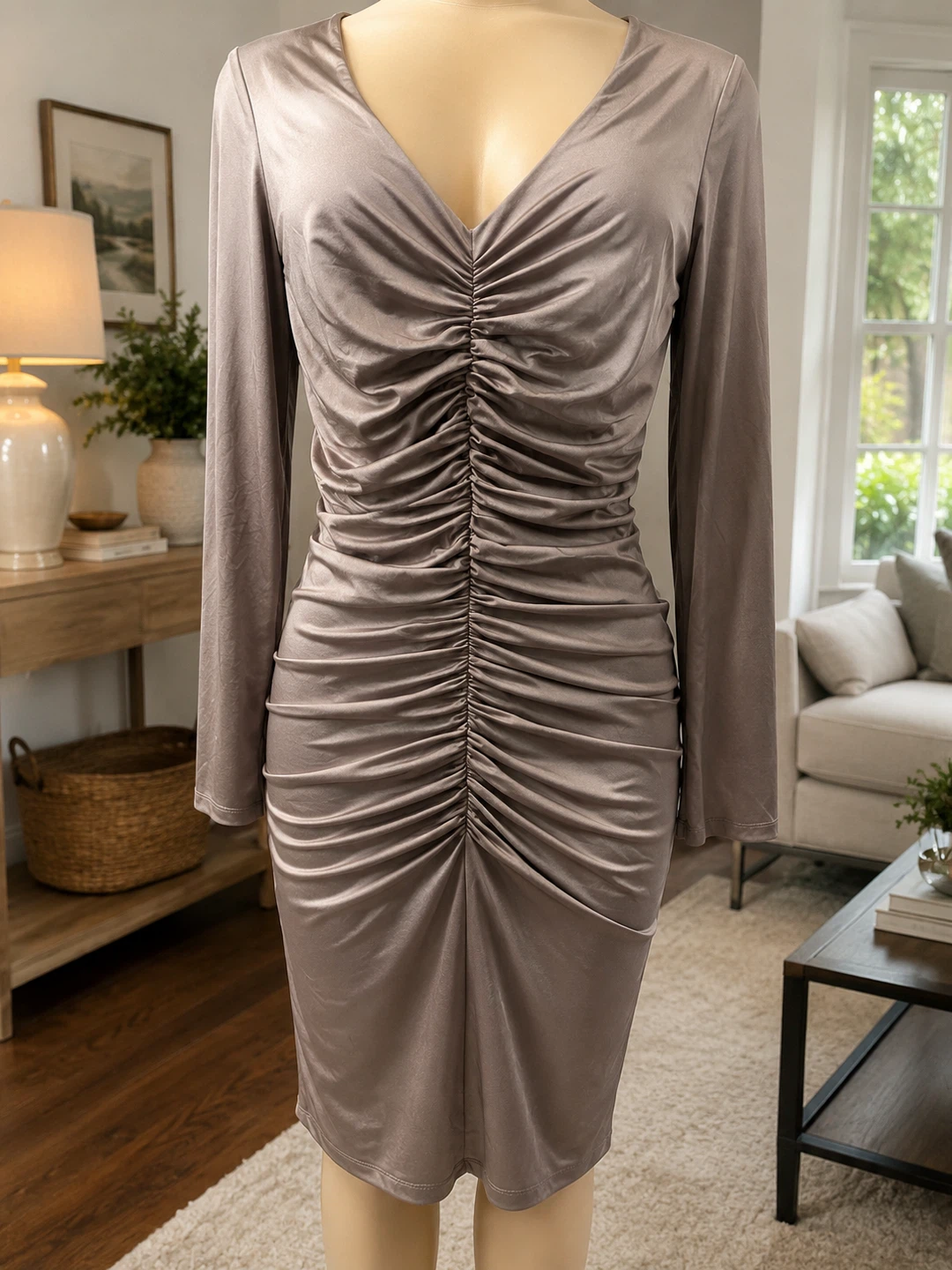 Eliza J shimmer taupe ruched dresss - photo 4