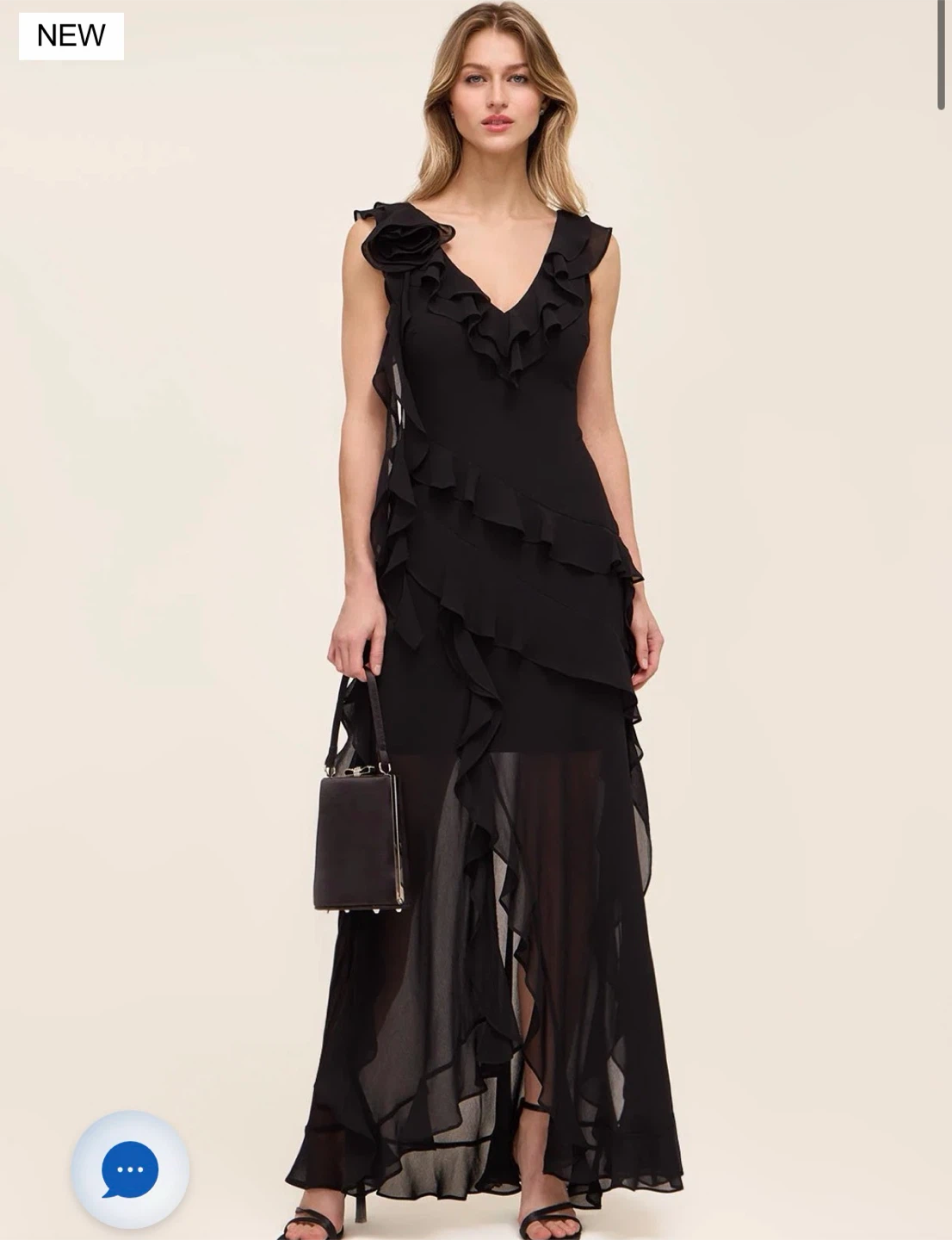 Black Ruffled Maxi Dress with Flower Accent