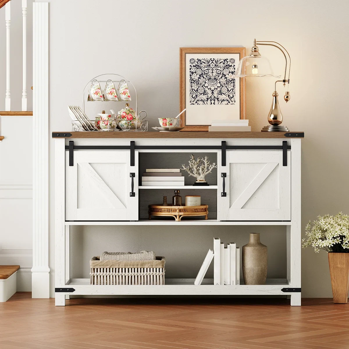 Ordonez 31.9” Console Table with Shelves – Oak & Antique White - photo 3
