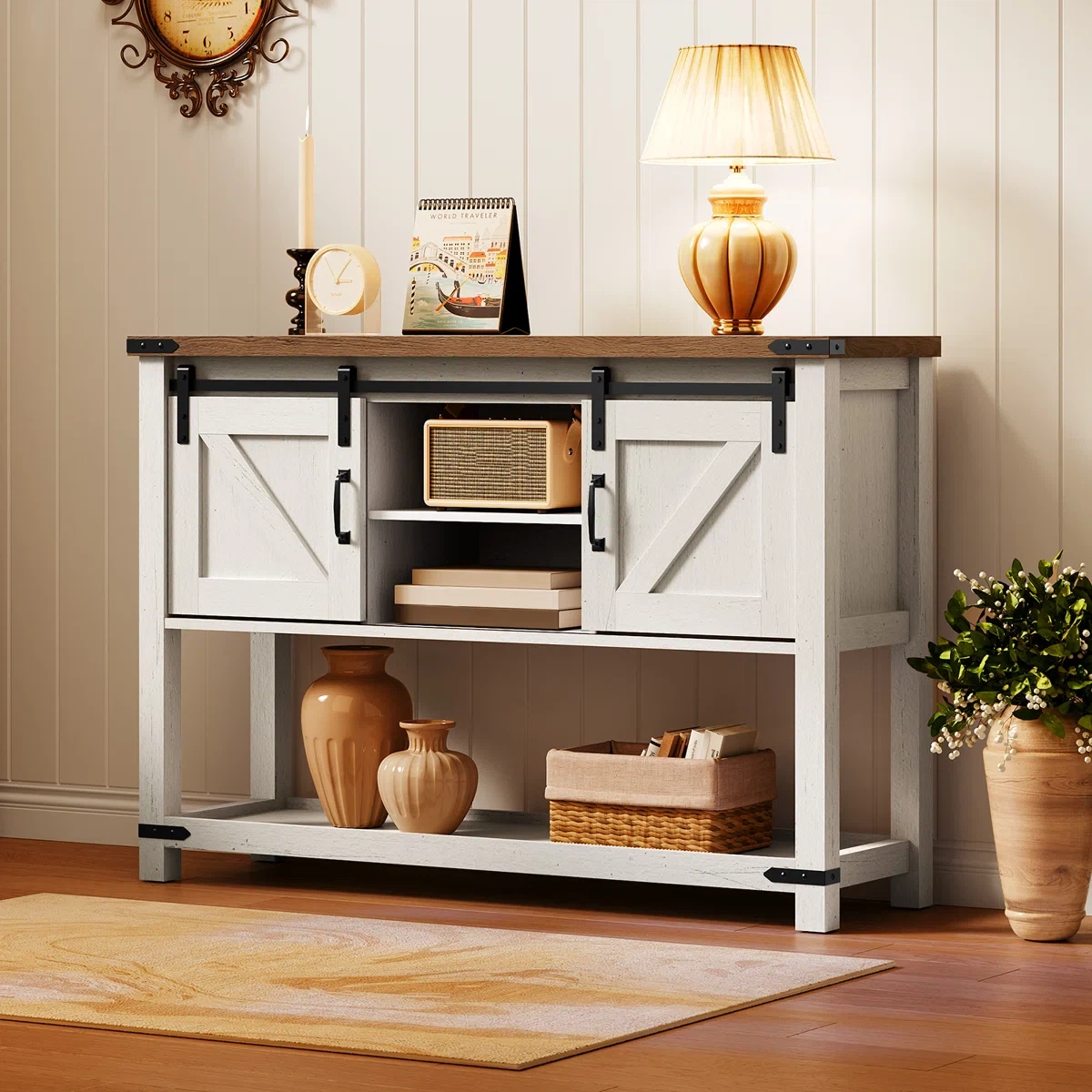 Ordonez 31.9” Console Table with Shelves – Oak & Antique White - photo 4