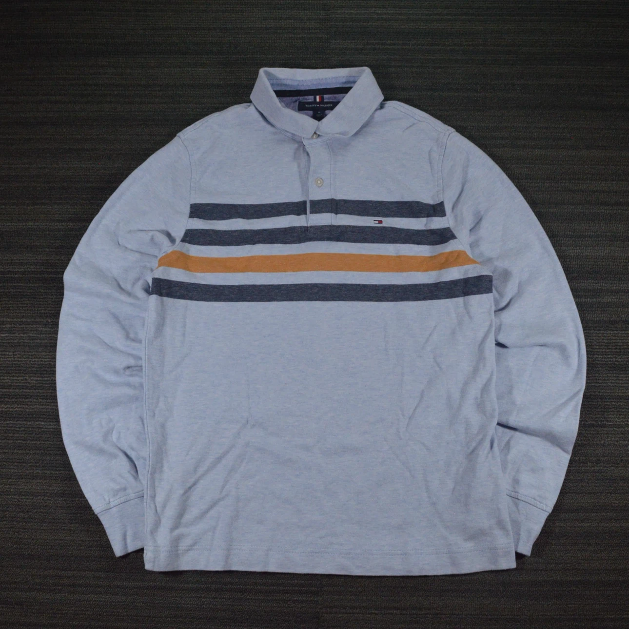 Tommy Hilfiger Mens MediumPolo Shirt Blue Striped Long Sleeve