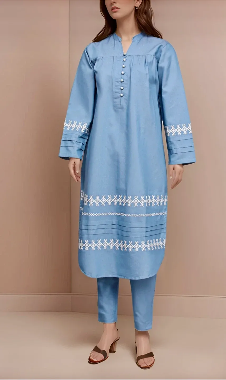 Sky blue denim embroidered two piece suit