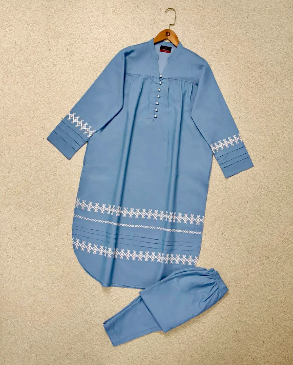 Sky blue denim embroidered two piece suit - photo 2