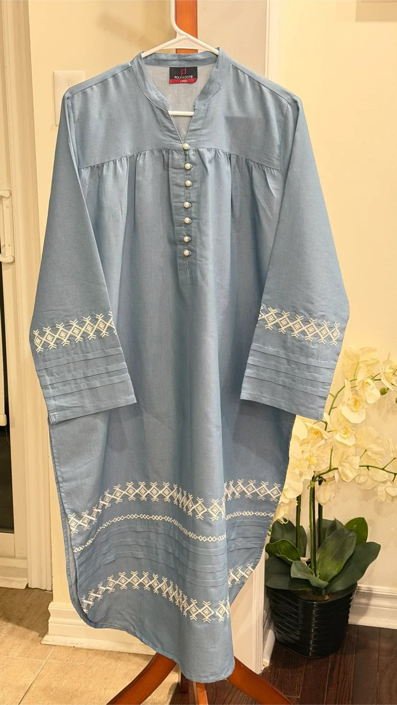 Sky blue denim embroidered two piece suit - photo 3