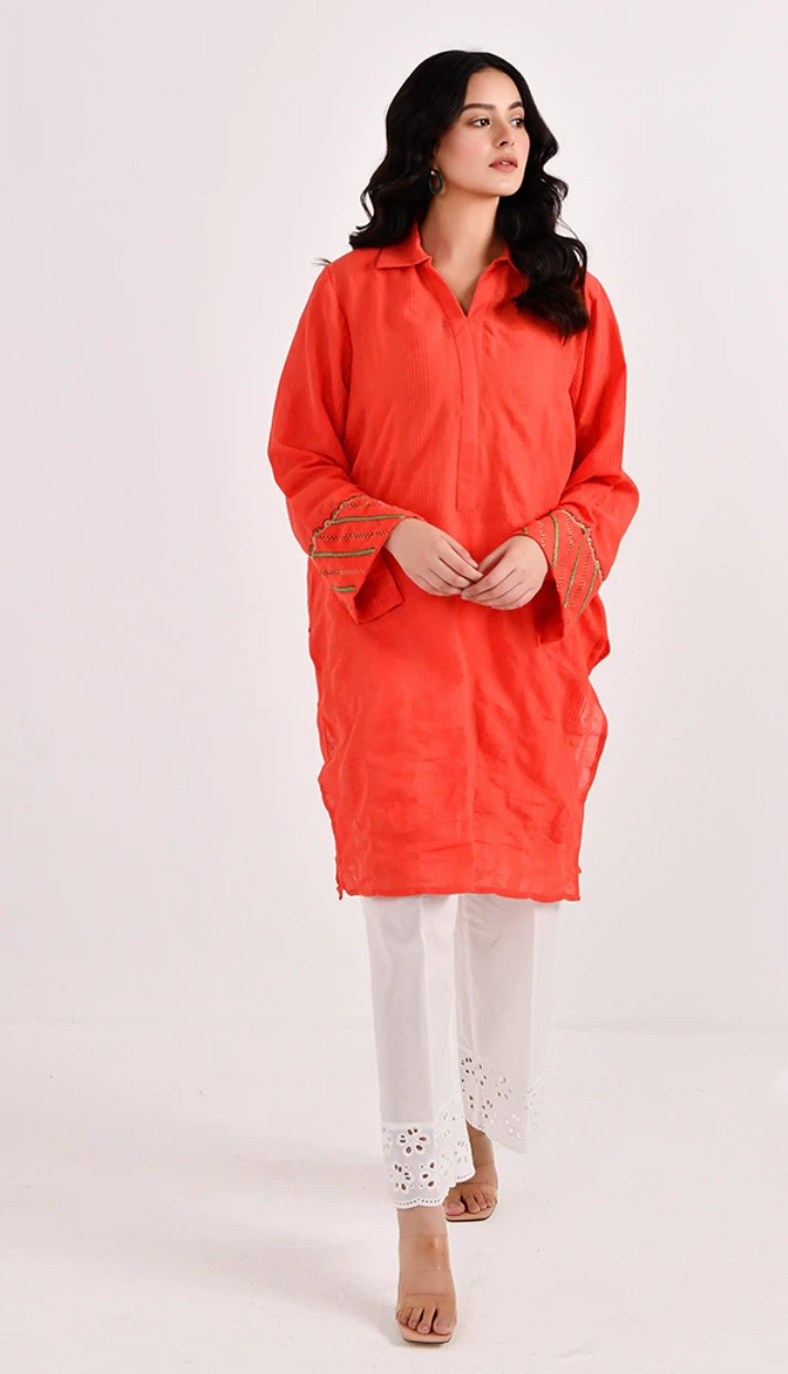 Orange Embroidered Tunic Shirt
