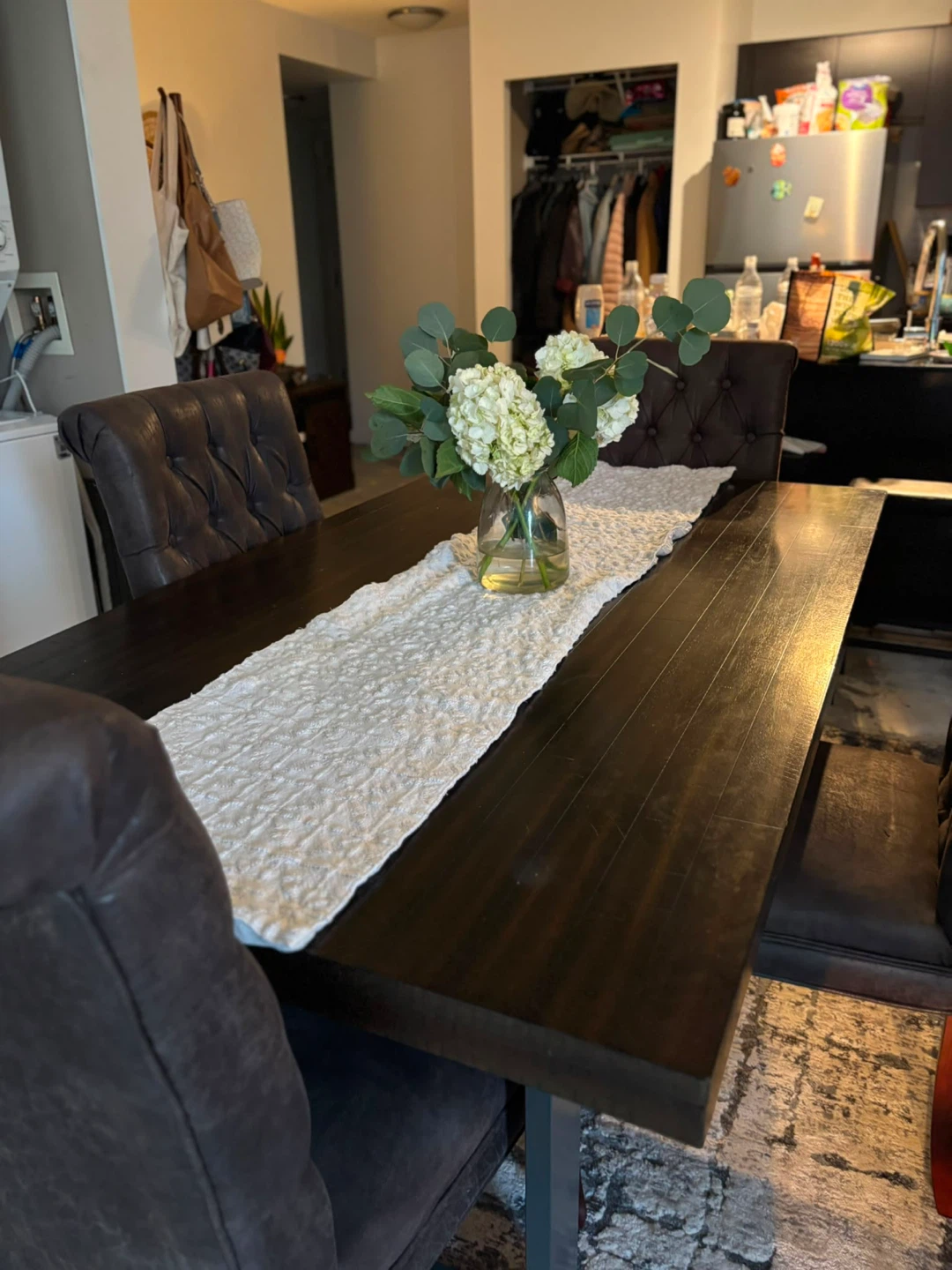 Dark Wood Dining Table with 6 Tufted Chairs