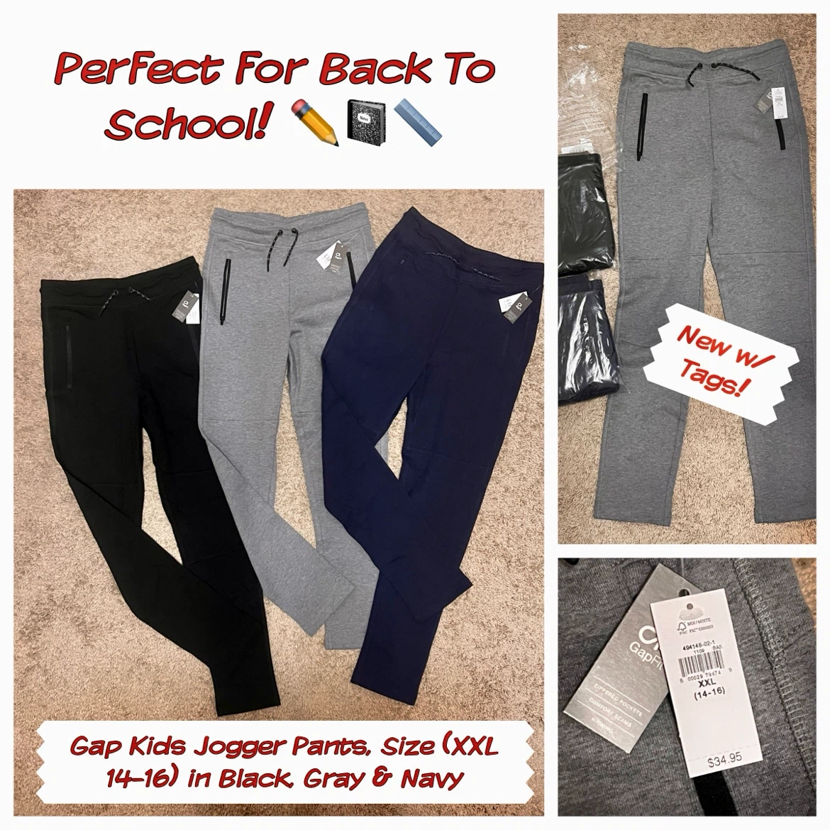 Gap Kids Boys Jogger Pants, size 14-16 (set of 3)