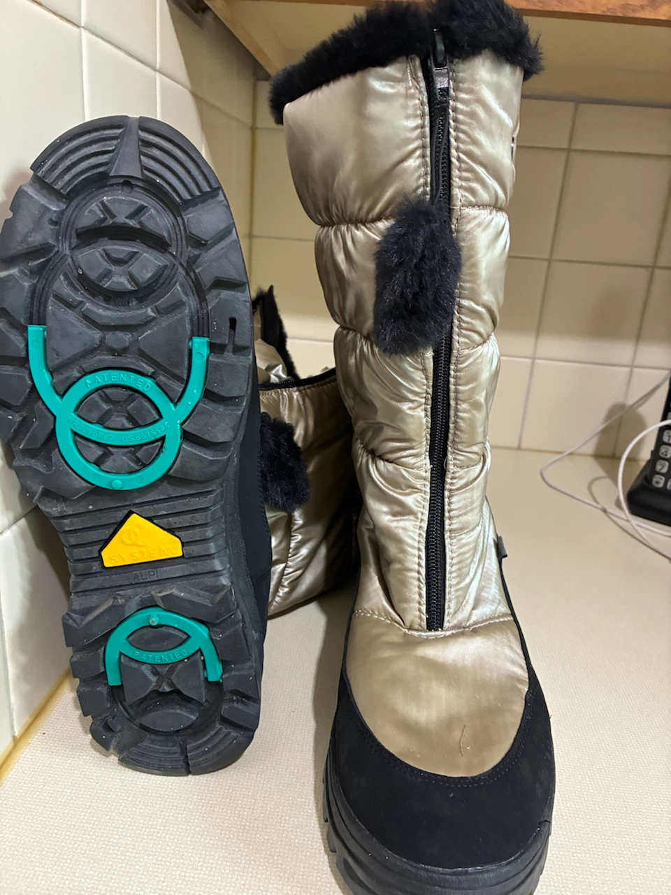 Gold Puffer Winter Boots with Grips