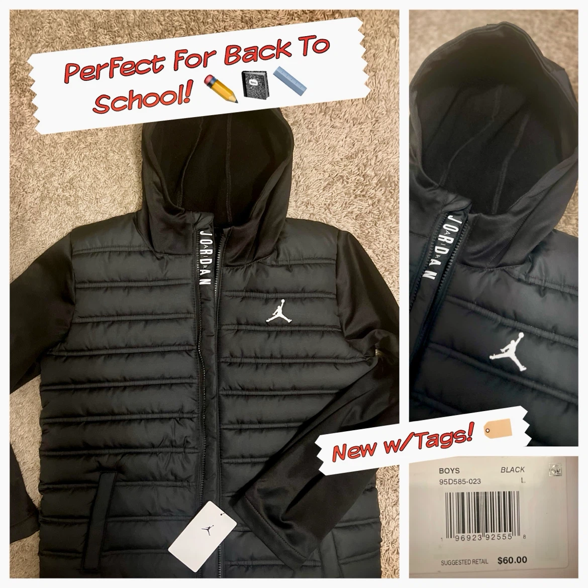 Jordan Boys Puffer Jacket w/ Hood, Size L, Black