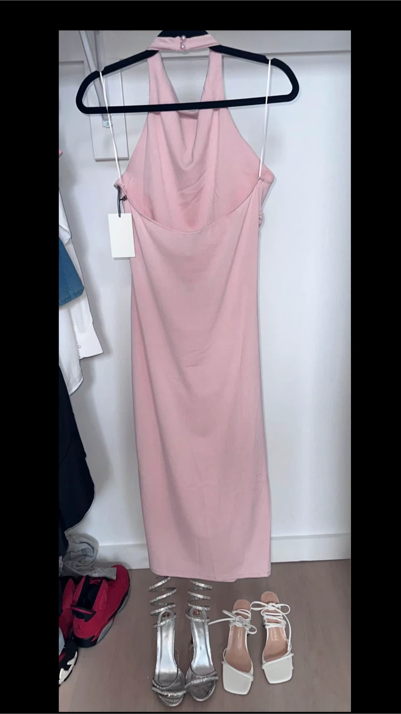 Pink Ruched Halter Neck Midi Dress