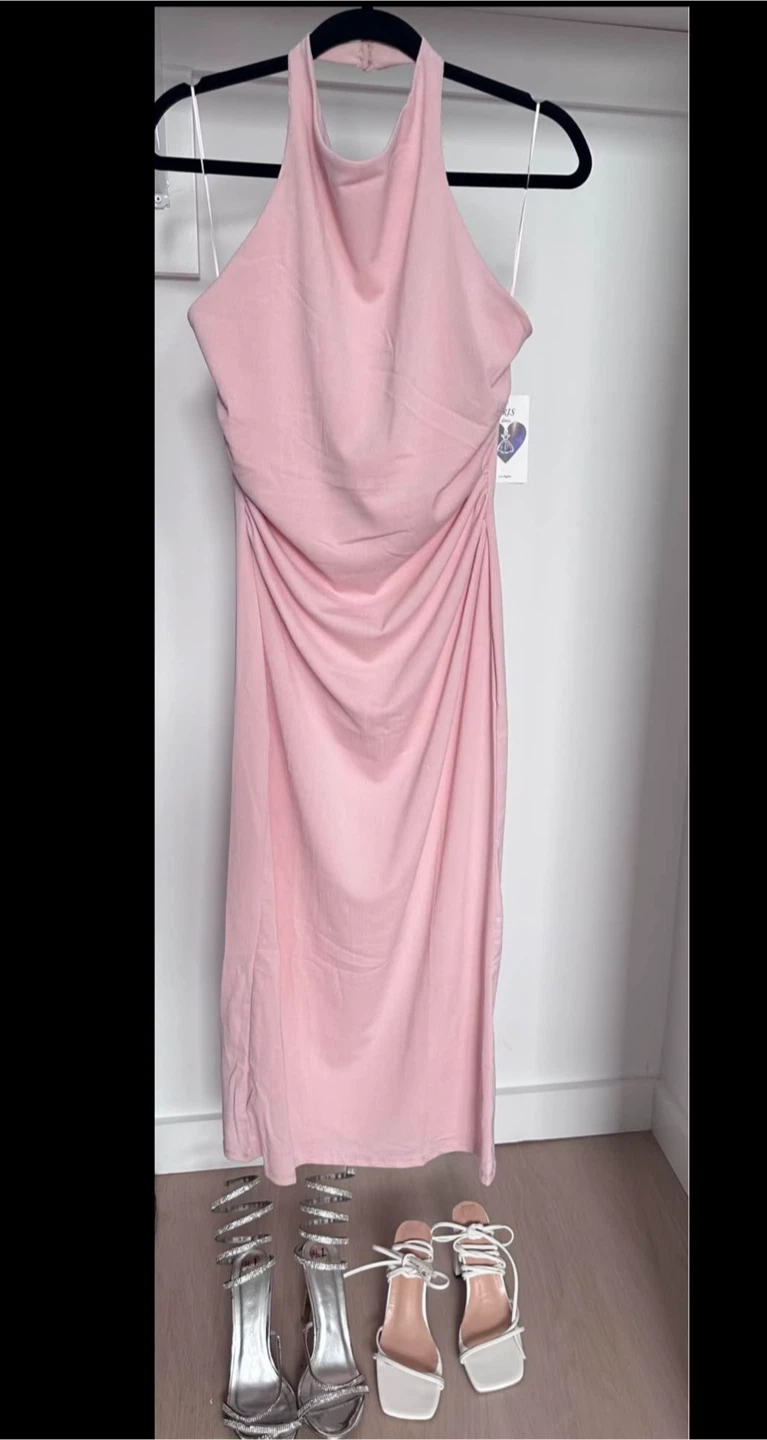 Pink Ruched Halter Neck Midi Dress - photo 2