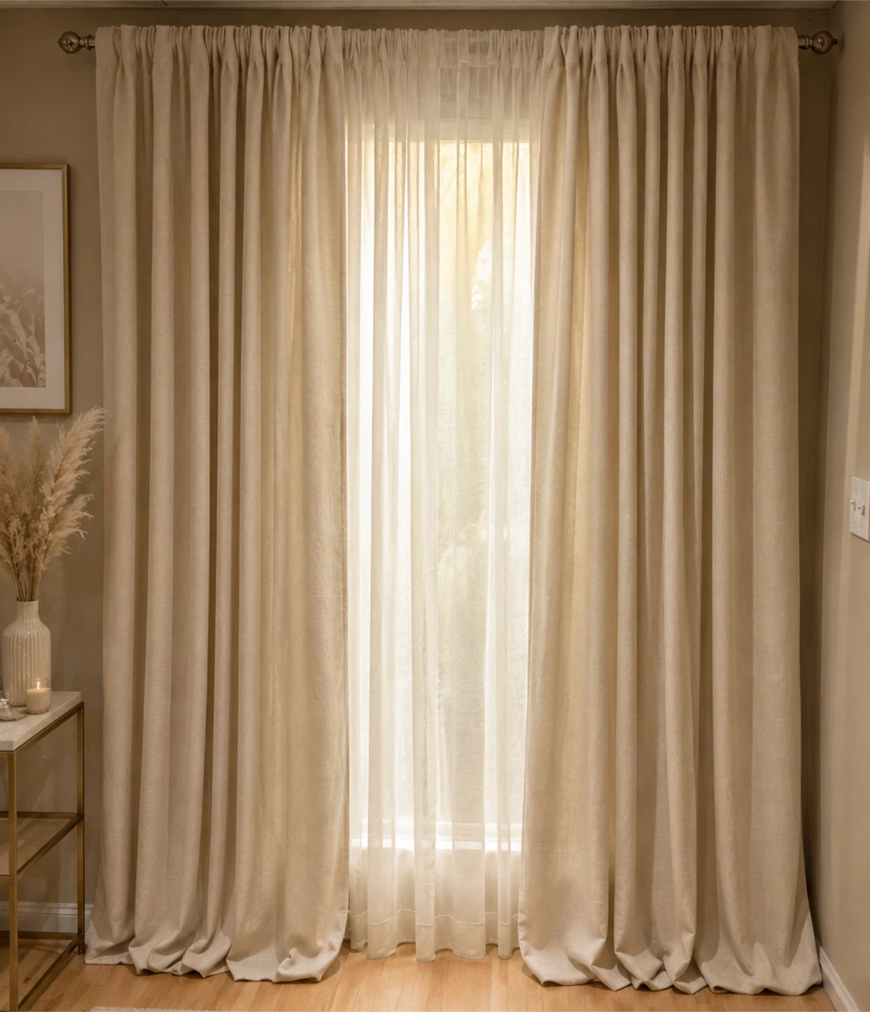 Cream Linen Curtains with Curtain Rod