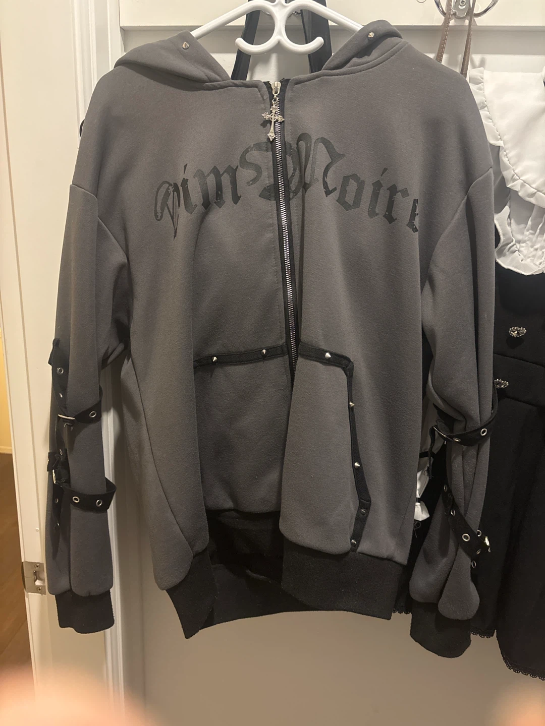 Grey Zip-Up Hoodie with Studs and Straps