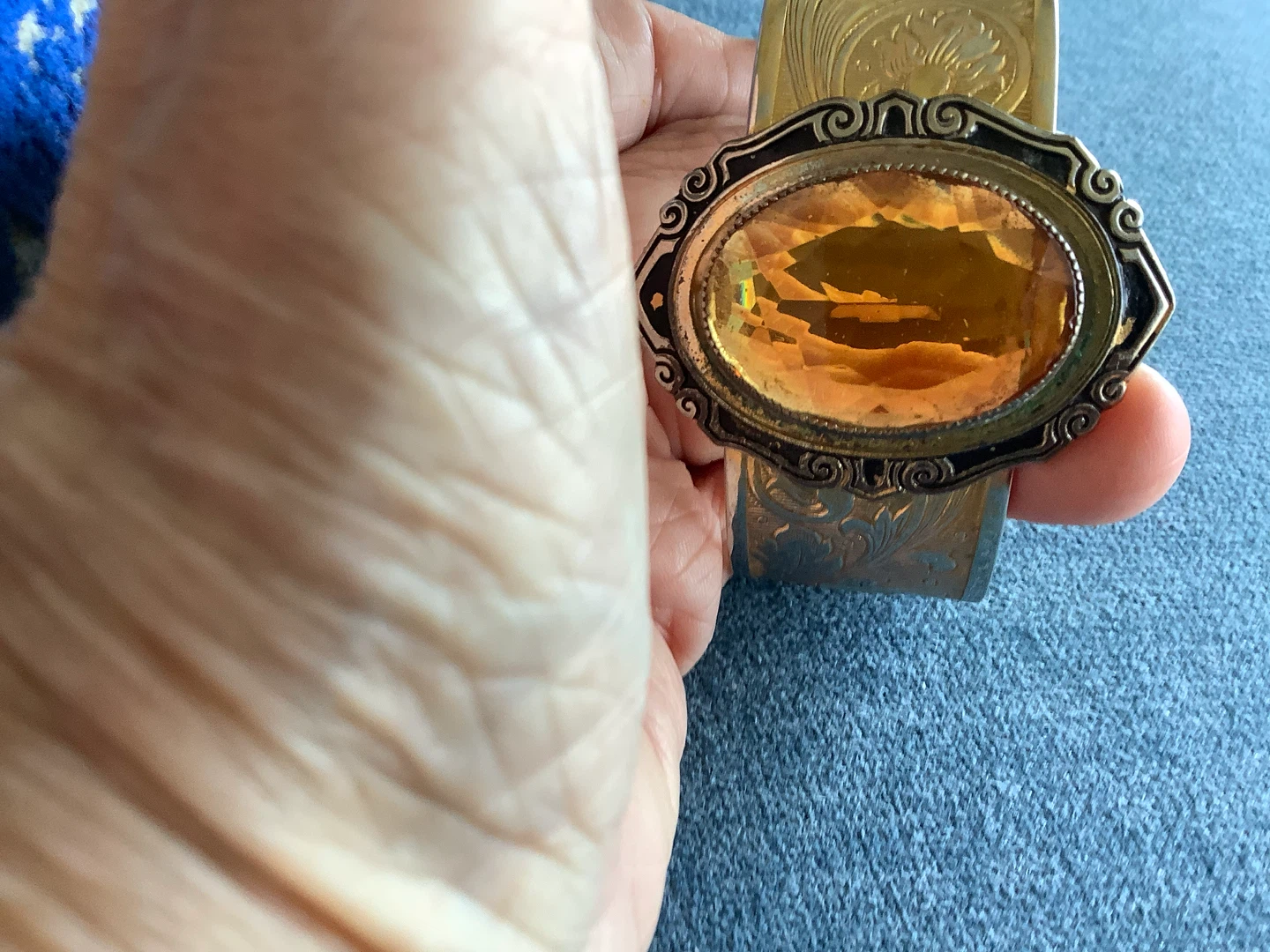 Vt Bangle Bracelet w Lg Faceted Amber/Citrine Glass Stone 🐞 - photo 3
