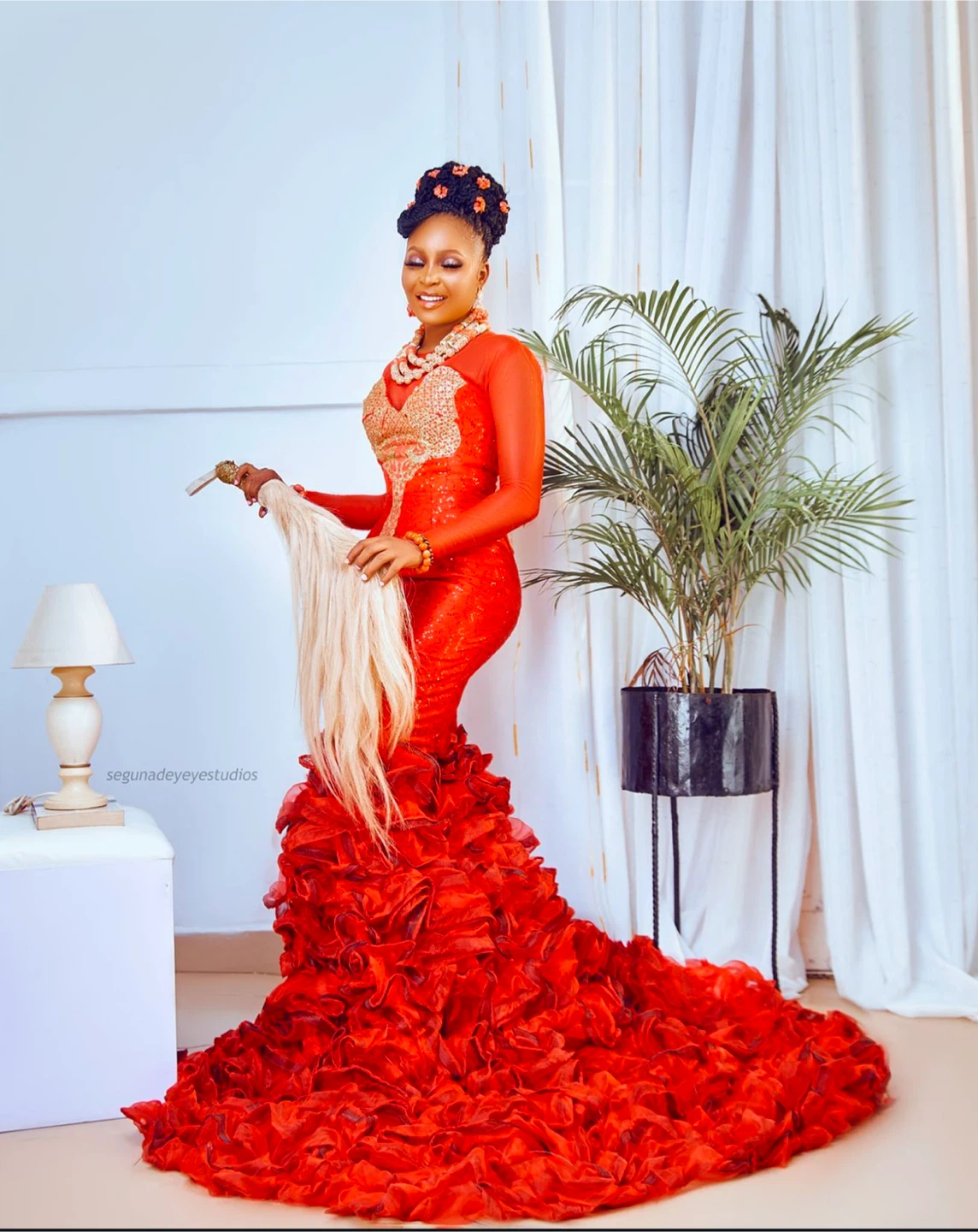 Red Floor-Length Gown with Ruffles