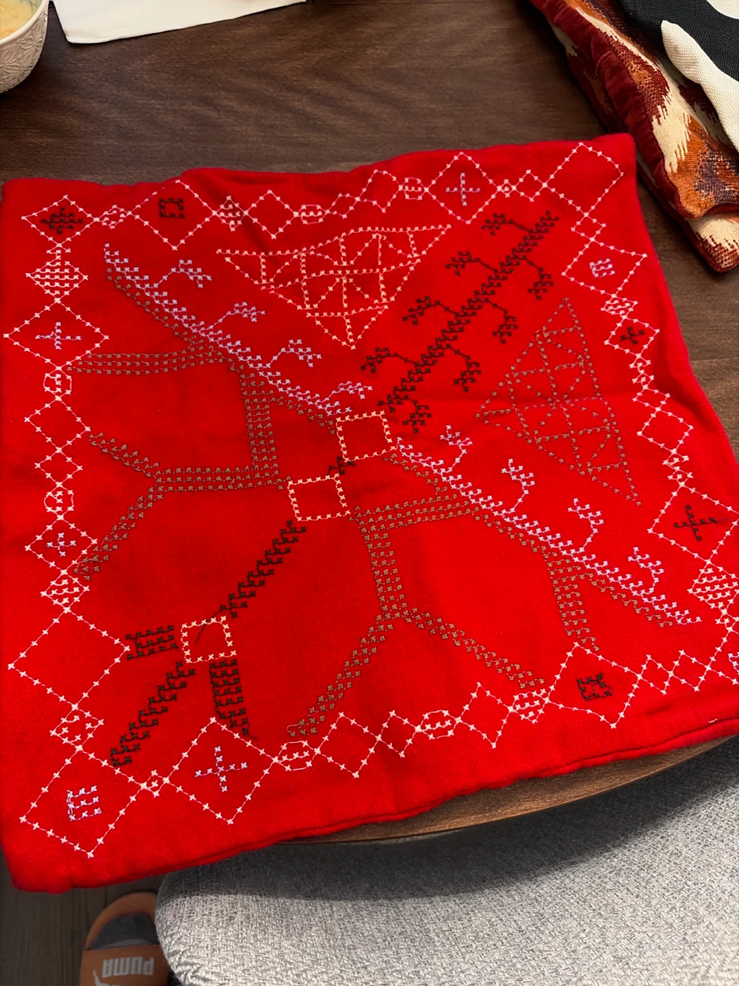 Decorative Red Pillow Cover with White & Black Embroidery