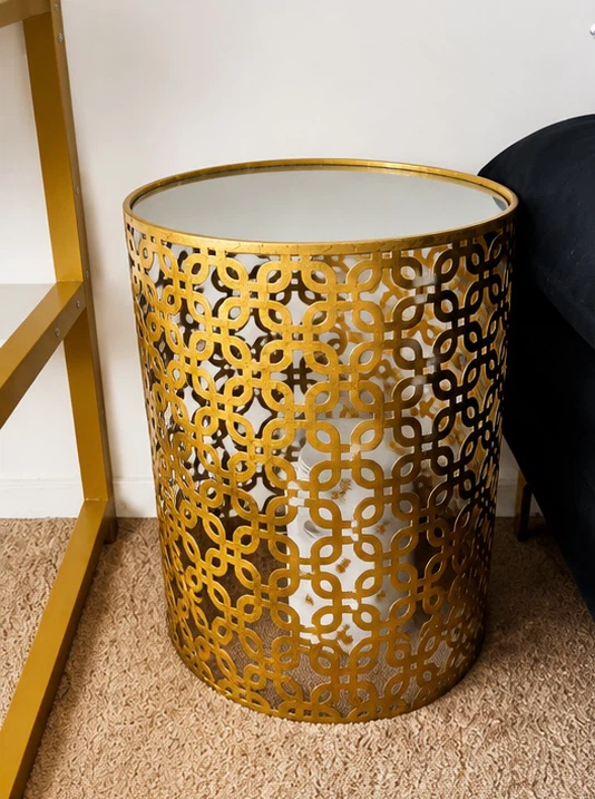 Gold Metal Drum Side Tables with Mirrored Tops (Set of 2)