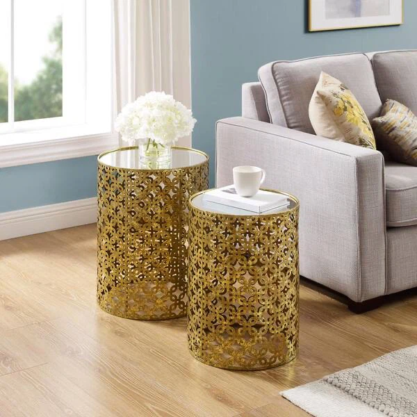 Gold Metal Drum Side Tables with Mirrored Tops (Set of 2) - photo 3