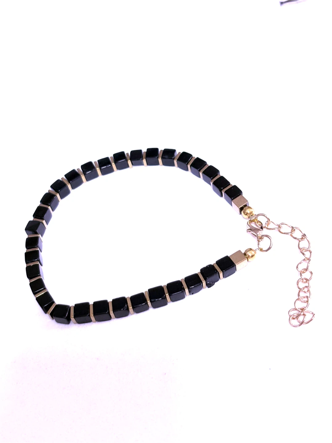 Black Beaded Ankle Bracelet with Gold Accents