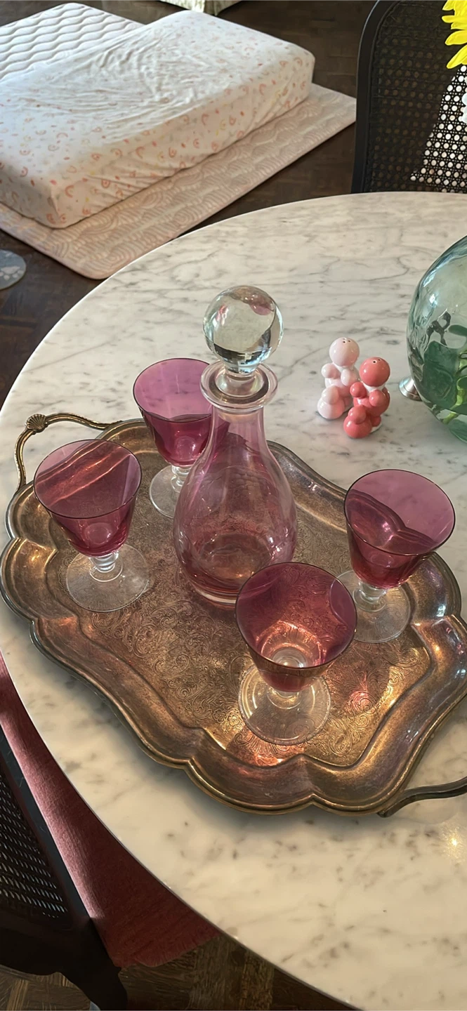 Vintage Pink Glass Decanter and 4 Goblets Set