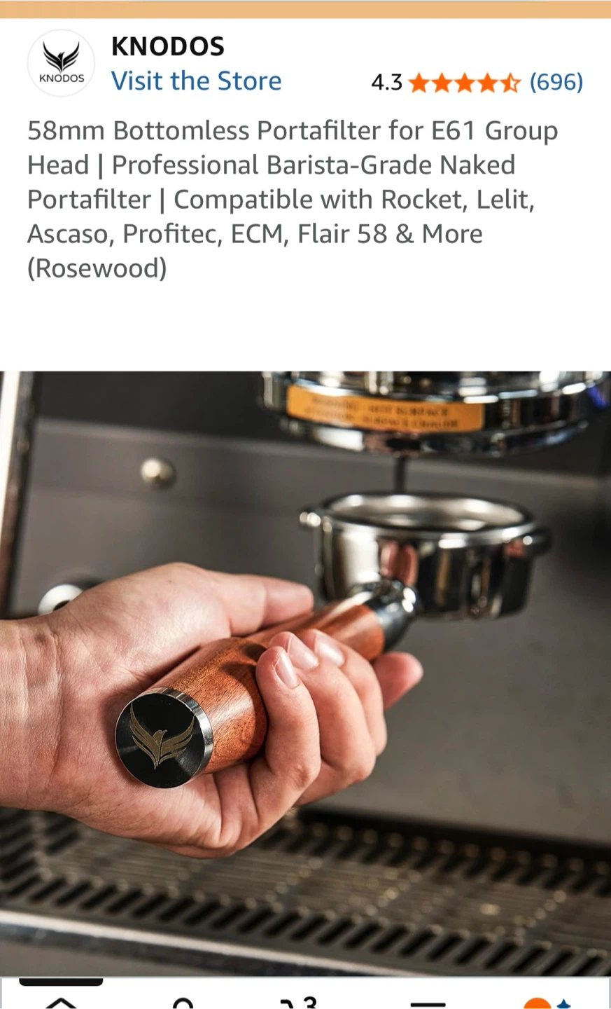 KNODOS 58mm Bottomless Portafilter for E61 Group Head (Rosewood) - photo 2