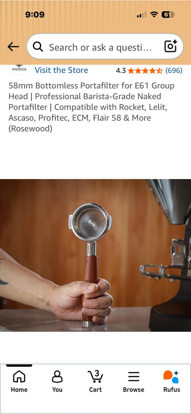 KNODOS 58mm Bottomless Portafilter for E61 Group Head (Rosewood) - photo 3