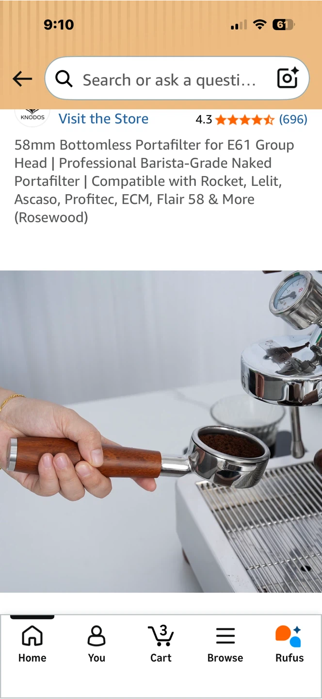 KNODOS 58mm Bottomless Portafilter for E61 Group Head (Rosewood) - photo 4
